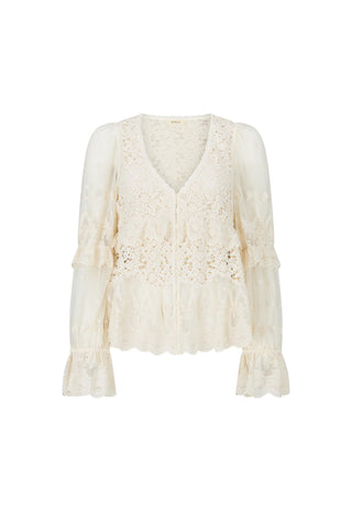 an-off-white-lace-long-sleeve-blouse-with-a-v-neckline-ruffled-details-and-a-scalloped-hem-shown-against-a-plain-white-background